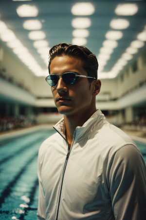 A man wearing sunglasses stands in a clear, refreshing swimming pool, enjoying the water.の素材