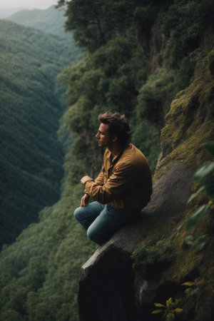 A man enjoys a breathtaking view of nature while sitting on top of a cliff next to a lush forest.の素材