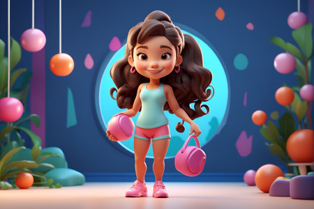 A cartoon character is seen holding a pink bag and a pink purse.の素材