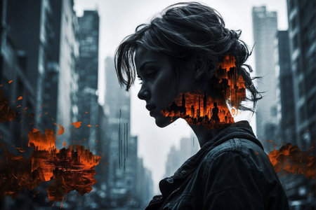 Double exposure portrait of a young woman standing in front of burning buildingsの素材