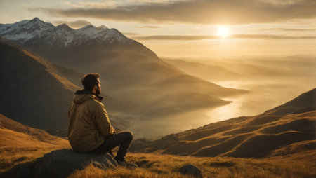 Hiker sitting on top of a mountain and looking at the sunsetの素材