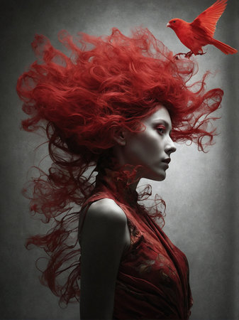 Fashion portrait of a beautiful woman with red hair and bird.の素材