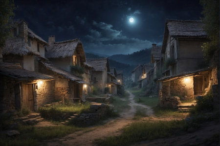 Night view of the old village in Carpathian mountains, Ukraineの素材