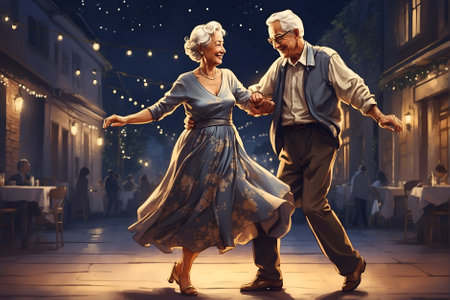 Full length portrait of a happy senior couple dancing on the street.の素材