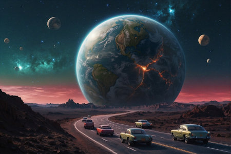 Planet earth and cars on the road. Elements of this image furnished by NASAの素材