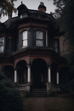 Old mansion in the park. Dark moody background. Vintage style.の素材