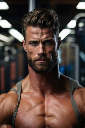 Portrait Of A Young Physically Fit Man Showing His Well Trained Body - Muscular Athletic Bodybuilder Fitness Model Posing After Exercisesの素材