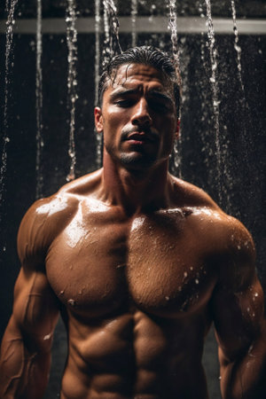 Portrait of a shirtless muscular man taking a shower in the gymの素材