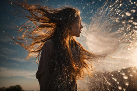 Portrait of a beautiful young woman splashing water on her hair.の素材