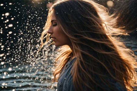 Portrait of a beautiful girl with long hair in the water.の素材