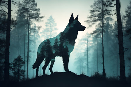 German shepherd in the misty forest. 3d render illustration.の素材