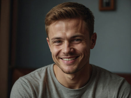 A young man in his early twenties with light brown hair shares a warm smile in a cozy indoor environment.の素材