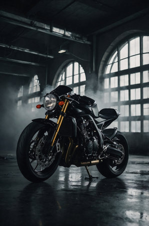 A sleek motorbike stands alone in a gloomy building, surrounded by shadows and muted light filtering through large windows.の素材
