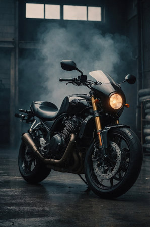 A sleek motorbike stands prominently in a dimly lit building, surrounded by an eerie atmosphere and swirling smoke.の素材