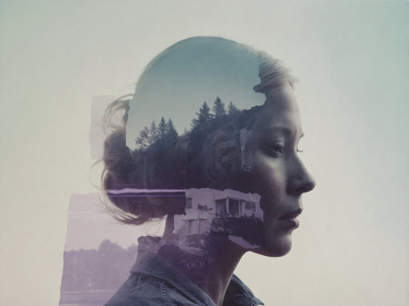 A womans profile reveals serene trees and a house, blending urban and natural landscapes in a thoughtful double exposure.の素材