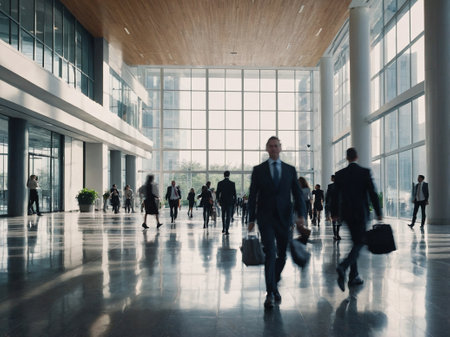 A long exposure shot shows a bustling crowd of business professionals in suits moving through a contemporary office lobby during daylight. The setting features large windows that illuminate the space.の素材
