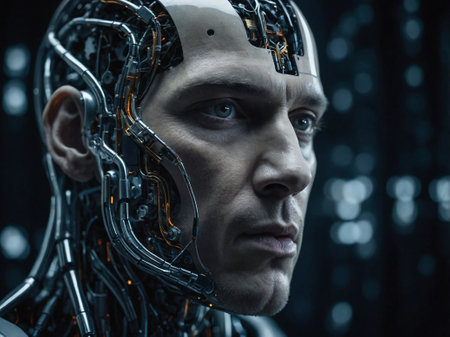 In a dark, futuristic environment, a man faces an advanced artificial intelligence. The intricate details of the AIâs metallic features and circuits highlight the tension of their interaction.の素材