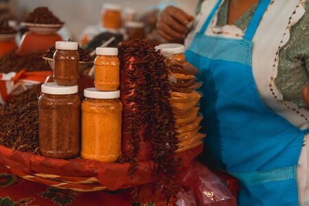 Red fried grasshoppers with chili peppers in Mexicoの写真素材