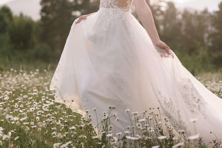 A bride in a wedding dress at sunset walks along a chamomile fieldの写真素材
