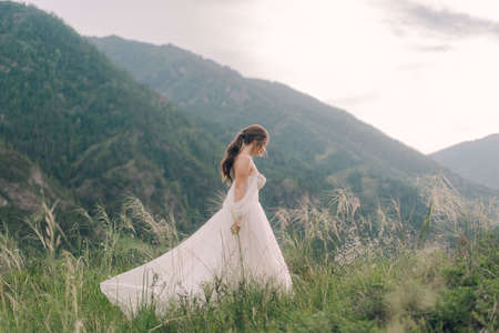 A bride in a wedding dress walks across a field against a background of mountainsの写真素材