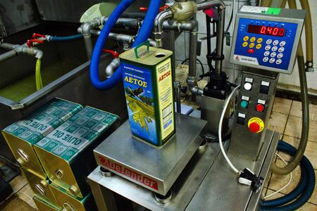 Greece, Peloponnese, Messinia, Kalamata, extra virgin olive oil extraction process in olive oil mill.のeditorial素材