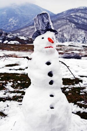 A snowman at the village Kryovrisi of mountain Olympus. Thessaly region, northern Greece.の写真素材