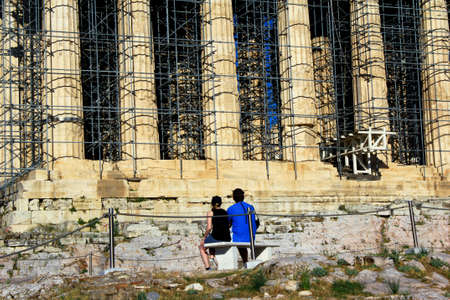 Greece, Athens, June 16 2020 - View of the archaeological site of Acropolis hill with Erechtheio temple in the background.のeditorial素材