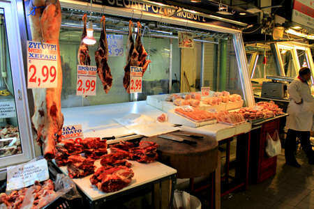 Greece, Athens, June 17 2020 - Stalls with seafood in the central  market of Athens.のeditorial素材