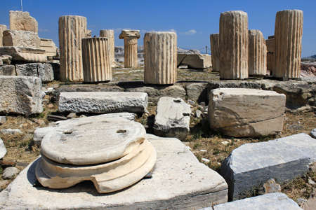Greece, Athens, July 16 2020 - Pieces of marble at the archaeological site of Acropolis hill.