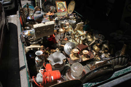 Greece, Athens, July 16 2020 - Souvenirs and vintage items for sale outside an antique shop in the center of Athens.のeditorial素材