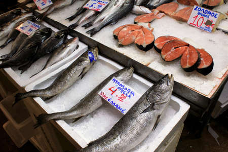 Stalls with sea food at fish market in Athens, Greece, July 27 2020.のeditorial素材