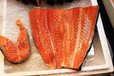 Pieces of salmon at fish market in the center of Athens in Greece, July 27 2020.