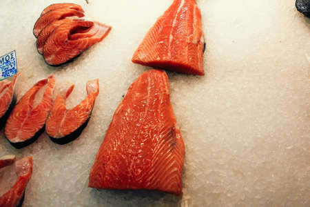 Pieces of salmon at fish market in the center of Athens in Greece, July 27 2020.のeditorial素材