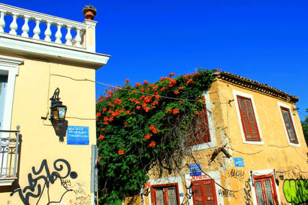 Old houses at Plaka, the traditional neighborhood in Athens, Greece, June 16 2020.のeditorial素材
