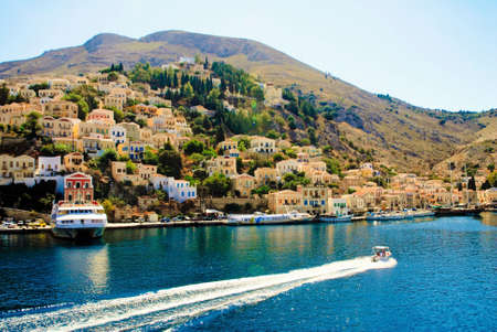 Greece, Symi island, view of the town of Symi.