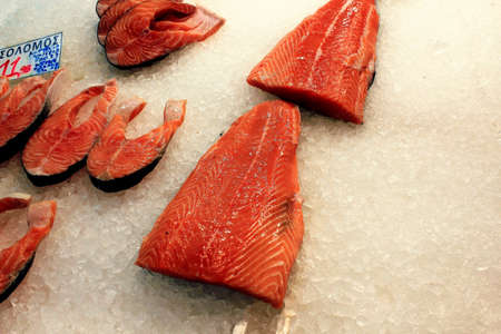 Pieces of salmon at fish market in the center of Athens in Greece, July 27 2020.