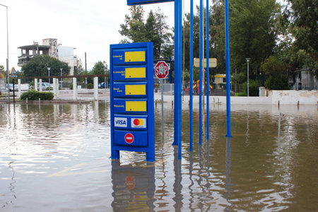 Flooded street after heavy rainfall - Spata, Attica, Greece, October 31 2019のeditorial素材