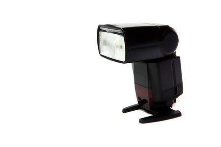 Black Camera flash on white background の写真素材