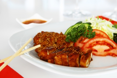 Japanese eat fried chicken with sesameの写真素材