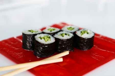 Japanese Food, Maki Sushi on the red plate の写真素材