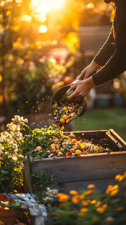 Sunset Woman Composting in an Urban Garden with Organic Food Waste for Sustainable Livingの素材
