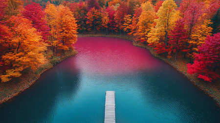 Aerial View of a Vibrant Pink Lake Surrounded by Autumn Foliage Colorful Treesの素材