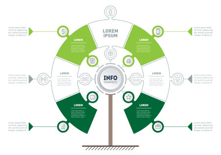 Vector infographic of technology or education process with 4 or 7 parts. Template of schematic tree or diagram on white background. Eco Business presentation concept with four options.のイラスト素材