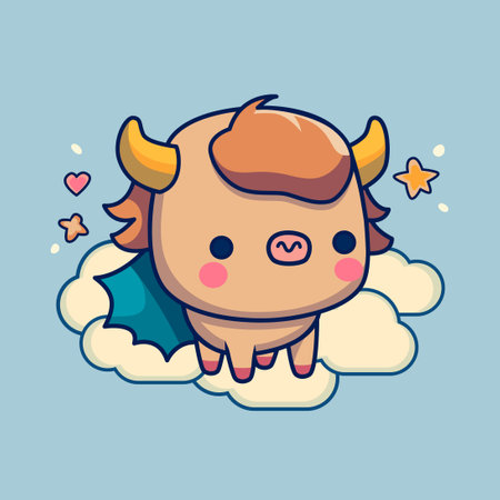 Cute super buffalo baby flies through the clouds. Suitable for printing on a T-shirt or children's clothing.のイラスト素材
