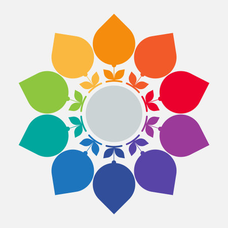 Abstract rainbow flower with copy space for text. Bright flower with ten petals.のイラスト素材