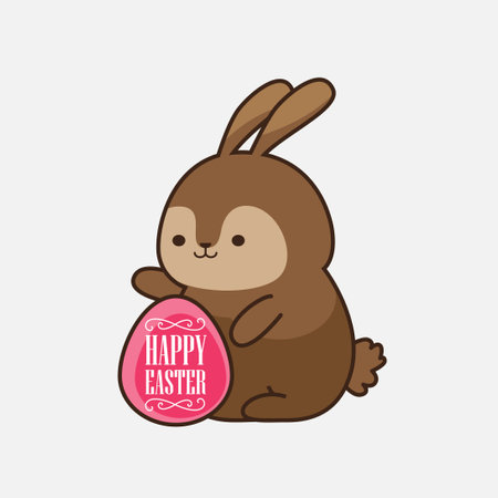 Easter greeting card with chocolate rabbit and beautiful pink egg. Concept of Easter egg hunt.のイラスト素材