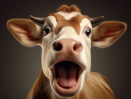 Shocked cow expression, close up shot of cow face. Surprised or amazed expression advertising concept.の素材