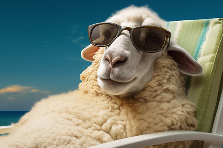 Cute sheep with sunglasses sunbathing at beach. summer time fun concept. travel image.の素材
