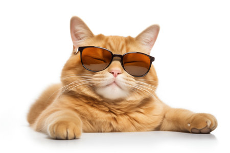 Cute fat ginger cat wearing eyewear or sunglass isolated on white background, studio shot.の素材