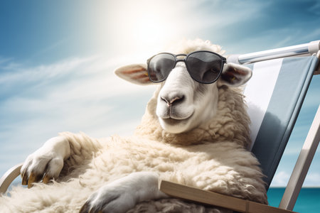 Cute sheep with sunglasses sunbathing at beach. summer time fun concept. travel image.の素材